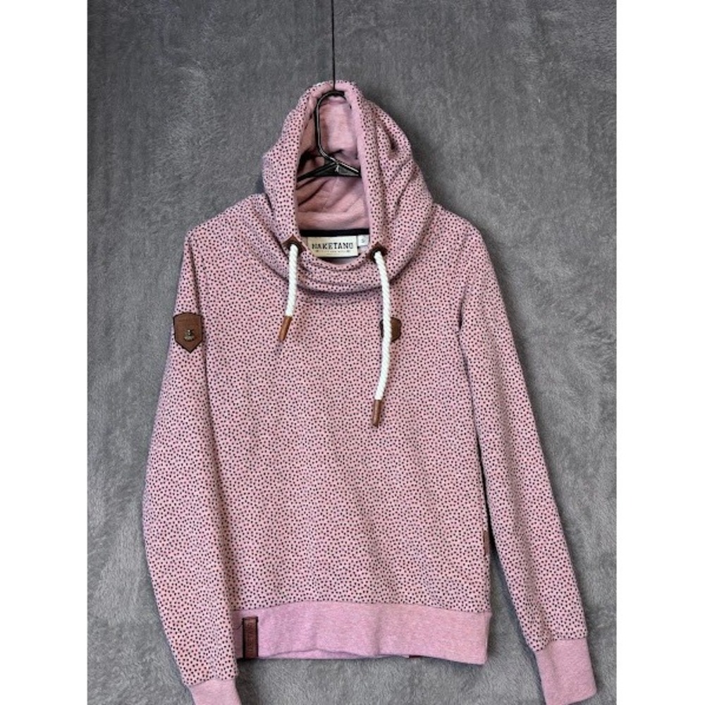 Naketano‎ Brave New Word Hoodie Pink Hearts Drawstring Cowl Neck Womens S